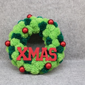 XMAS pompon koszorú - zöld, bordó - Meska.hu
