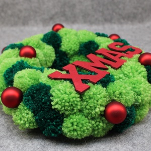 XMAS pompon koszorú - zöld, bordó - karácsony - adventi díszek - adventi ajtódísz - Meska.hu