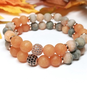 Matt ásványkarkötő páros narancs zebra jáspisból, aventurinból, rózsaarany cirkónia gömbökkel és korongokkal - ékszer - karkötő - gyöngyös karkötő - Meska.hu