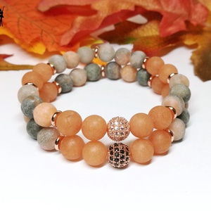 Matt ásványkarkötő páros narancs zebra jáspisból, aventurinból, rózsaarany cirkónia gömbökkel és korongokkal - ékszer - karkötő - gyöngyös karkötő - Meska.hu