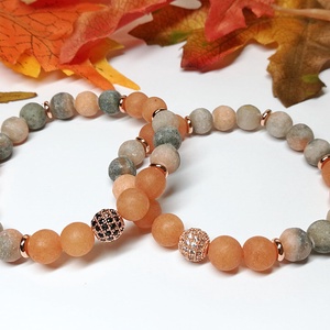Matt ásványkarkötő páros narancs zebra jáspisból, aventurinból, rózsaarany cirkónia gömbökkel és korongokkal - ékszer - karkötő - gyöngyös karkötő - Meska.hu