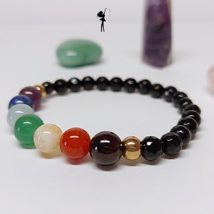 Hét csakrás ásványkarkötő csiszolt fekete acháttal - ékszer - karkötő - gyöngyös karkötő - Meska.hu