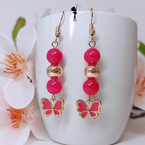 Magenta, arany szélű zománc pillangós fülbevaló jadéval és rózsaarany hematittal - ékszer - fülbevaló - lógó fülbevaló - Meska.hu