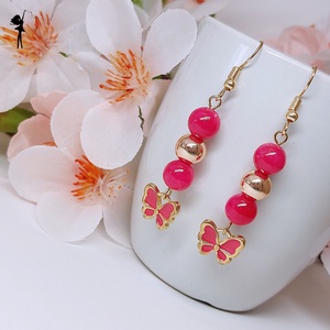 Magenta, arany szélű zománc pillangós fülbevaló jadéval és rózsaarany hematittal - Meska.hu