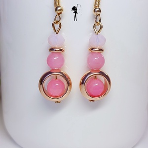Rose gold hematit karikás fülbevaló rózsaszín jadéból, üveggyöngyből - ékszer - fülbevaló - lógó fülbevaló - Meska.hu