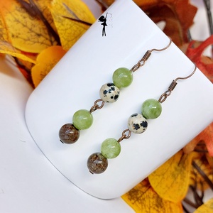 Vaduljunk! őszi fülbevaló lime zöld peridottal, barna obszidiánnal, jáspissal, Ékszer, Fülbevaló, Lógó fülbevaló, Ékszerkészítés, Gyöngyfűzés, gyöngyhímzés, MESKA