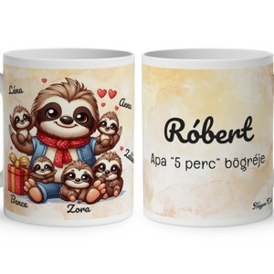 Névvel kérhető - Cuki lajhár Apa és öt gyerek mintás bögre, Otthon & Életmód, Konyhafelszerelés, tálalás, Tálalás, Bögre & Csésze, , MESKA