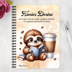 Személyre szabható - Kis kávés lajhár és a könyv mintás A6-os füzet - otthon & életmód - papír, írószer - jegyzetfüzet & napló - Meska.hu