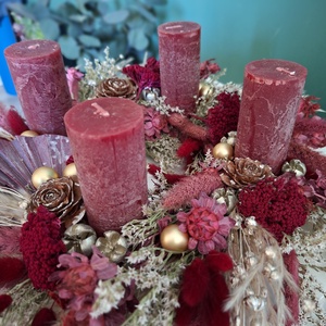 Bohó, elegáns szárazvirágos adventikoszorú, Karácsony, Adventi díszek, Adventi koszorú, Virágkötés, Tűzzománc, MESKA