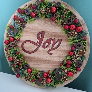 Joy feliratú piros karácsonyi ajtódísz, falidísz, Karácsony, Karácsonyi lakásdekoráció, Karácsonyi ajtódíszek, Virágkötés, MESKA