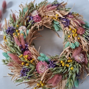 Színes szárazvirágos ajtódísz, koszorú, Otthon & Életmód, Dekoráció, Ajtó- és ablak dekoráció, Ajtódísz & Kopogtató, Virágkötés, MESKA