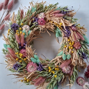 Színes szárazvirágos ajtódísz, koszorú - otthon & életmód - dekoráció - ajtó- és ablak dekoráció - ajtódísz & kopogtató - Meska.hu