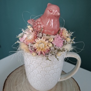 Szárazvirágos bögrés dísz madárkával - Meska.hu