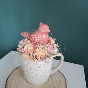 Szárazvirágos bögrés dísz madárkával - otthon & életmód - dekoráció - ajtó- és ablak dekoráció - ablakdísz - Meska.hu