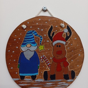 Manó és Rénszarvas karácsonyi falikép/ajtódísz, Karácsony, Karácsonyi lakásdekoráció, Karácsonyfadíszek, Festett tárgyak, MESKA