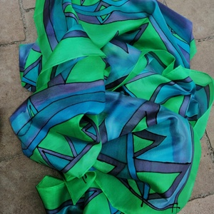 Kézi festésű valódi hernyóselyem sál,kék és zöld árnyalatokkal, Ruha & Divat, Sál, Sapka, Kendő, Sál, Selyemfestés, MESKA