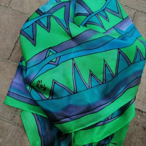 Kézi festésű valódi hernyóselyem sál,kék és zöld árnyalatokkal - ruha & divat - sál, sapka, kendő - sál - Meska.hu