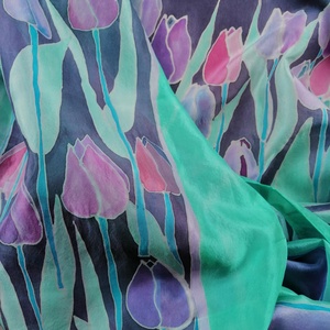 Kézi festésű valódi selyemsál-Lila tulipánok - ruha & divat - sál, sapka, kendő - sál - Meska.hu