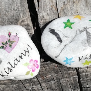 Kislány vagy kisfiú?...Transzferált kövek. :-), Otthon & Életmód, Dekoráció, Asztal és polc dekoráció, Kavics & Kő, Decoupage, transzfer és szalvétatechnika, Festett tárgyak, MESKA