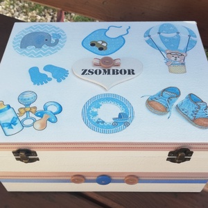 Minőségi, óriási méretű babaváró doboz, kisfiúknak, transzfer-technikával. :-), Játék & Sport, Babalátogató ajándékcsomag, Decoupage, transzfer és szalvétatechnika, Festett tárgyak, Meska