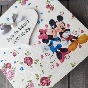 Mickey és Minnie, egyedi feliratos díszdoboz, esküvőre, vagy bármilyen más ünnepi alkalomra. - RENDELHETŐ, Esküvő, Emlék & Ajándék, Doboz, Decoupage, transzfer és szalvétatechnika, Festett tárgyak, MESKA