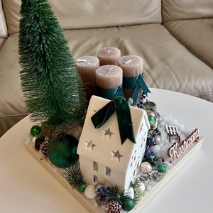 Erdei házikós adventi tál 25x25-ös fadobozban, világít - karácsony - adventi díszek - adventi koszorú - Meska.hu