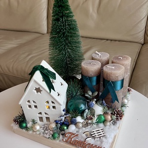 Erdei házikós adventi tál 25x25-ös fadobozban, világít - karácsony - adventi díszek - adventi koszorú - Meska.hu