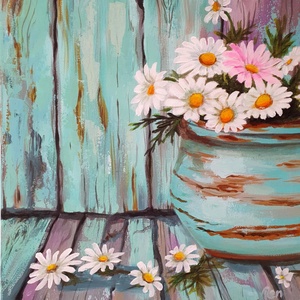'Türkiz margarétákkal' , Művészet, Festmény, Akril, Festészet, MESKA