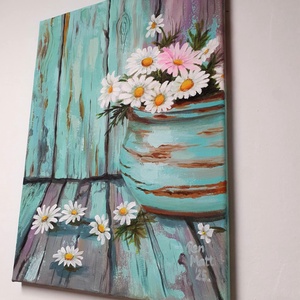 'Türkiz margarétákkal'  - művészet - festmény - akril - Meska.hu