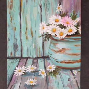 'Türkiz margarétákkal'  - művészet - festmény - akril - Meska.hu