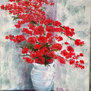 'Görög váza piros virággal' olajfestmény, Művészet, Festmény, Olajfestmény, Festészet, MESKA