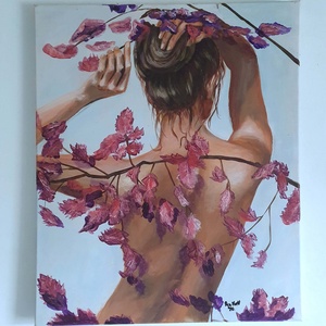 Női akt levelekkel - művészet - festmény - akril - Meska.hu