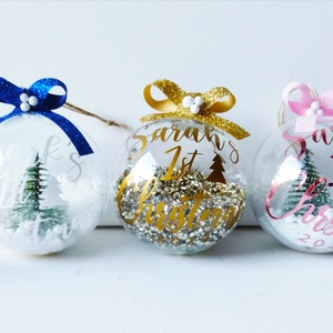 karácsonyi gömb dísz névvel feliratozva, baby 1st Christmas Mini Fenyővel És Műhóval, Választható Felirat És Masni Szín - Meska.hu