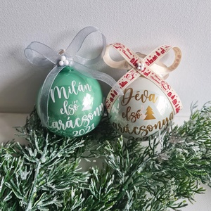 karácsonyi gömb dísz névvel feliratozva, 7cm, babád első karácsonya, választható gömb, felirat, szín - Meska.hu