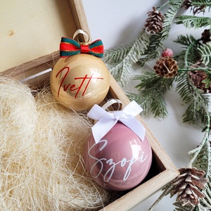 karácsonyi neves üveg gömb névvel feliratozva, 5cm, választható gömb, név és masni szín, pezsgő, rose gold - Meska.hu