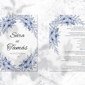 kék virágos esküvői meghívó, Esküvő, Meghívó & Kártya, Meghívó, Papírművészet, MESKA