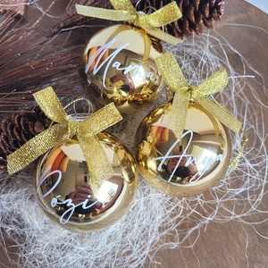 karácsonyi gömb névvel feliratozva, 6cm, választható gömb, név és masni szín, arany, pezsgő - Meska.hu