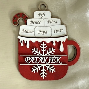 Bögrés családi karácsonyfadísz fából kézzel festve, Karácsony, Karácsonyi lakásdekoráció, Karácsonyfadíszek, Famegmunkálás, Festett tárgyak, MESKA