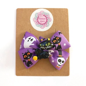 Halloween macska, szellem, koponya mintás dupla masnis hajcsat - otthon & életmód - dekoráció - halloween - halloweeni jelmez és kiegészítők - Meska.hu