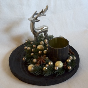 Fekete-beige szarvasos asztaldísz mintás mécsestartóval, Karácsony, Adventi díszek, Adventi asztaldísz, Mindenmás, MESKA