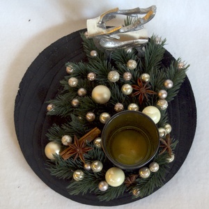 Fekete-beige szarvasos asztaldísz mintás mécsestartóval - karácsony - adventi díszek - adventi asztaldísz - Meska.hu