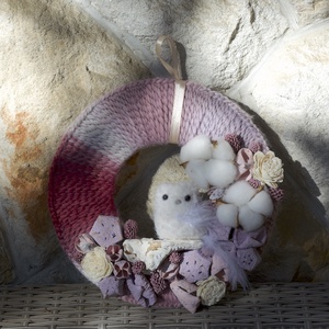 Púder-mályva baglyos ajtódísz - karácsony - karácsonyi lakásdekoráció - karácsonyi ajtódíszek - Meska.hu