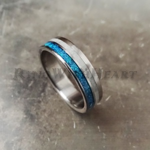 Titán vagy nemesacél gyűrű holdkővel és Pacific Blue BelloOpallal, holdkő gyűrű, jegygyűrű, eljegyzési gyűrű - Meska.hu