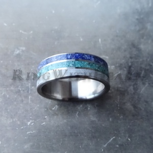 Titán vagy nemesacél gyűrű lápisszal, türkizzel és holdkővel, türkiz gyűrű, jegygyűrű, eljegyzési gyűrű, holdkő, lápisz - esküvő - ékszer - karikagyűrű - Meska.hu