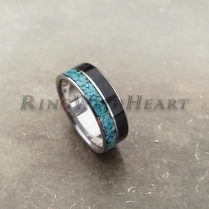 Titán vagy nemesacél gyűrű fekete turmalinnal és türkizzel, türkiz gyűrű, jegygyűrű, eljegyzési gyűrű - esküvő - ékszer - karikagyűrű - Meska.hu