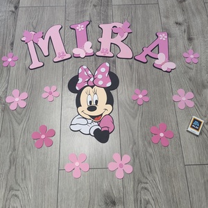 Minnie egeres névre szóló fali dekoráció � Rózsaszín virágos álomszett - baba - mama - babaszoba dekoráció - babanév dekoráció - Meska.hu