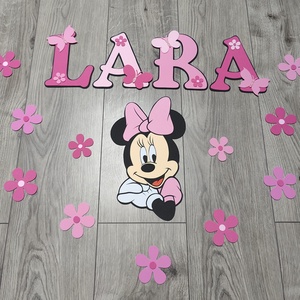 Minnie egeres névre szóló fali dekoráció � Rózsaszín virágos álomszett, Baba - mama, Babaszoba dekoráció, Babanév dekoráció, Dekorgumi, MESKA