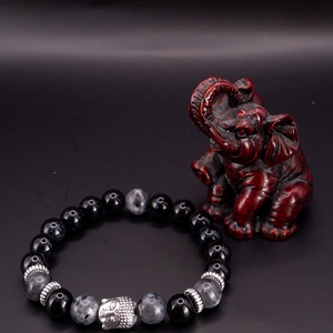 ONAR ásványkarkötő larvikit, ónix, ezüst buddha figura, Ékszer, Karkötő, Ásványkarkötő, , MESKA