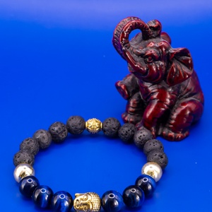 SARYN ásványkarkötő kék tigrisszem, hematit, lávakő, arany buddha figura, Ékszer, Karkötő, Ásványkarkötő, , MESKA