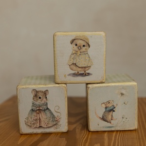 Állatos mesekockák fából antikolva, Karácsony, Karácsonyi lakásdekoráció, Ünnepi asztaldekoráció, Famegmunkálás, Decoupage, transzfer és szalvétatechnika, MESKA